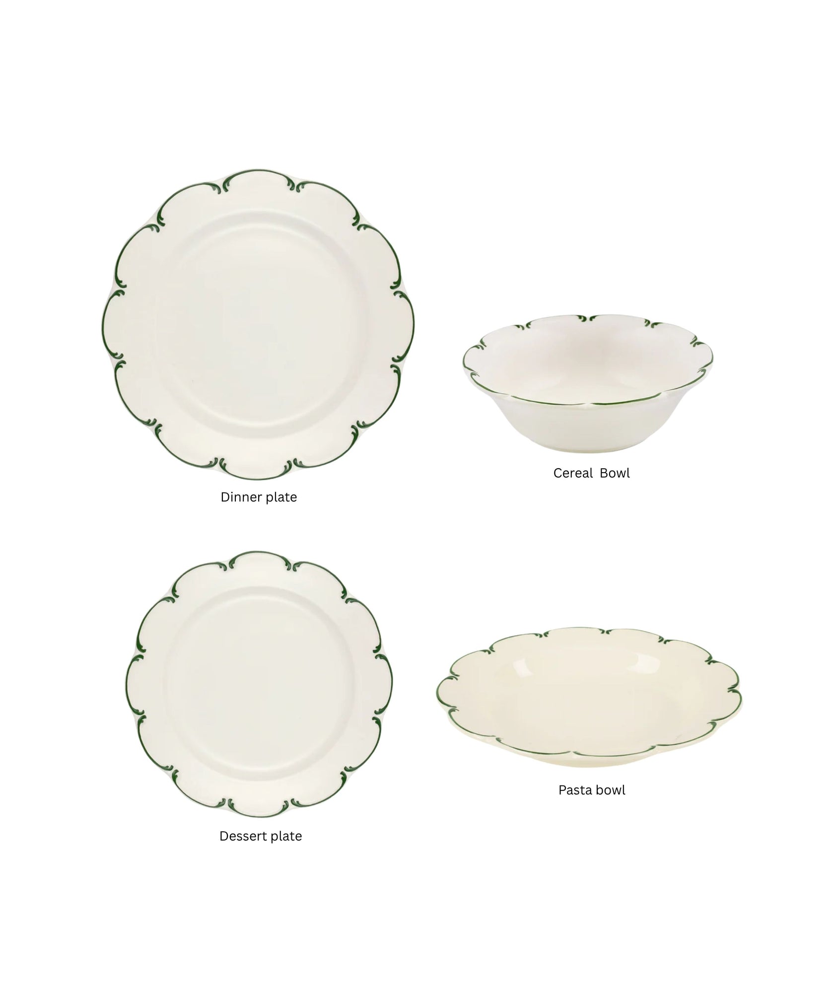 Olivia Scalloped Crockery, Green Filet