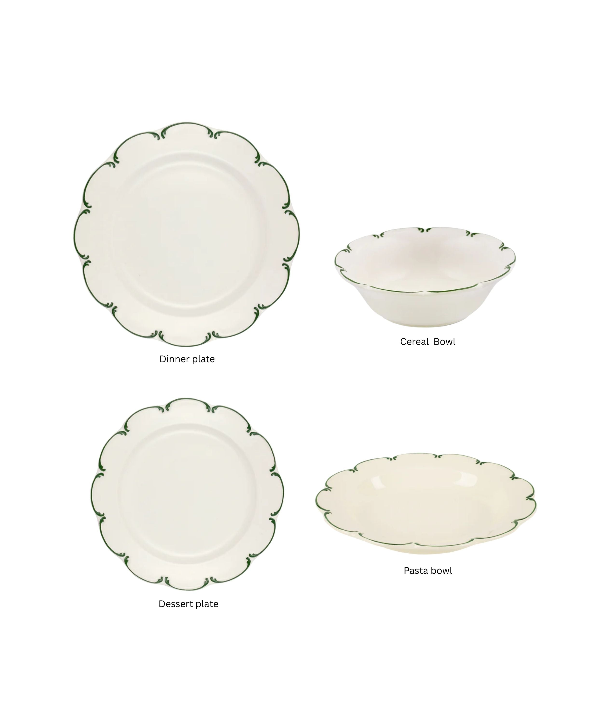 Olivia Scalloped Crockery, Green Filet