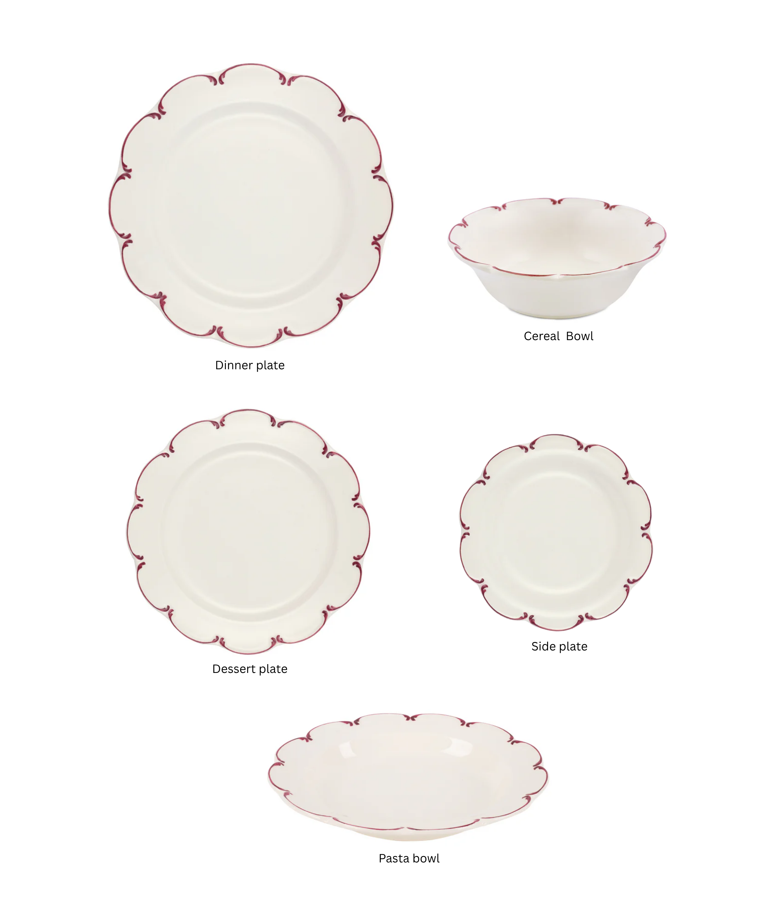 Olivia Scalloped Crockery, Raspberry Filet