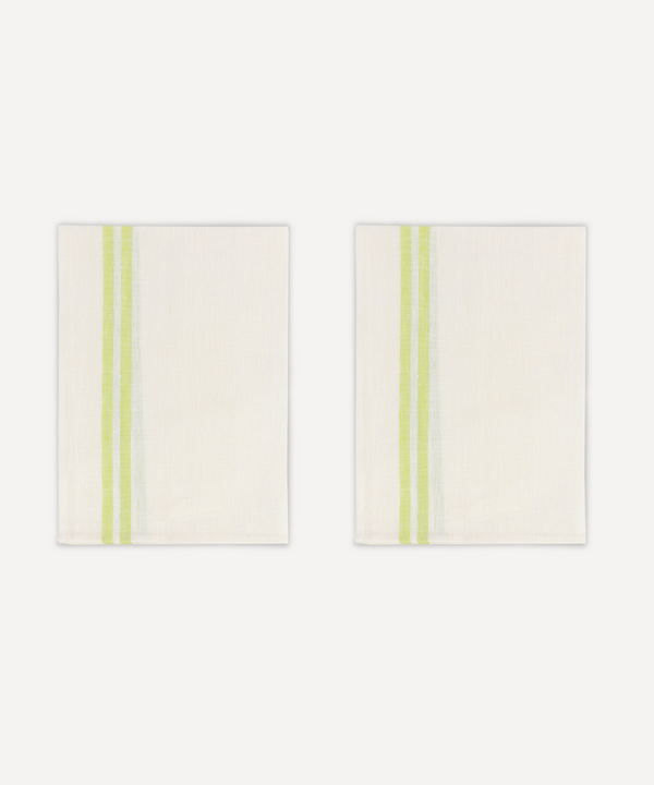 Rebecca Udall Pair of Striped Linen Tea Towels, Apple Green, Ivory Background