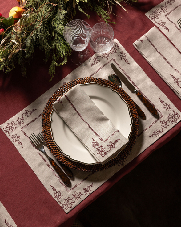 Pair of Ivy Linen Placemats, Burgundy