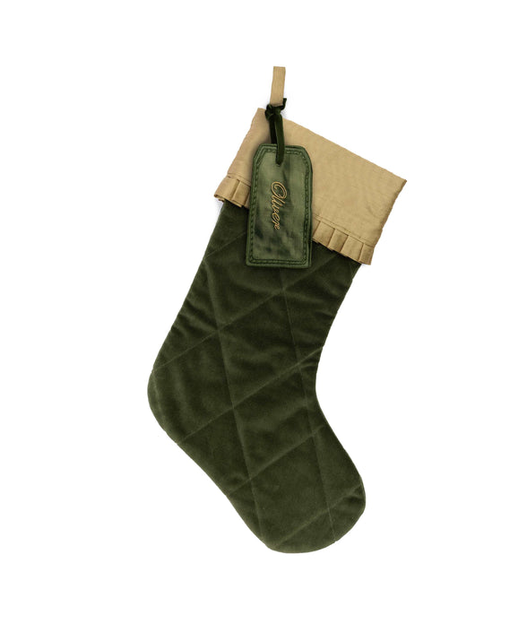 Quilted Velvet & Silk Christmas Stocking with Personalised Linen Gift Tag, Green