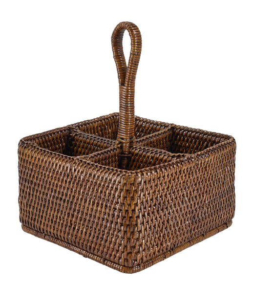 Rebecca Udall Rattan Cutlery and Condiment Carrier, Brown Close Up