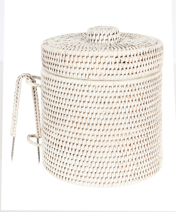 Rattan Ice Bucket with Tongs, Rustic White