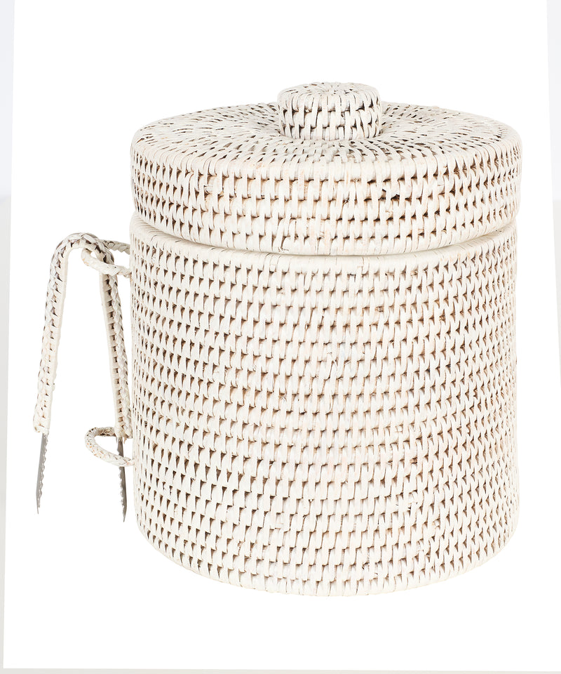 Rattan Ice Bucket with Tongs, Rustic White