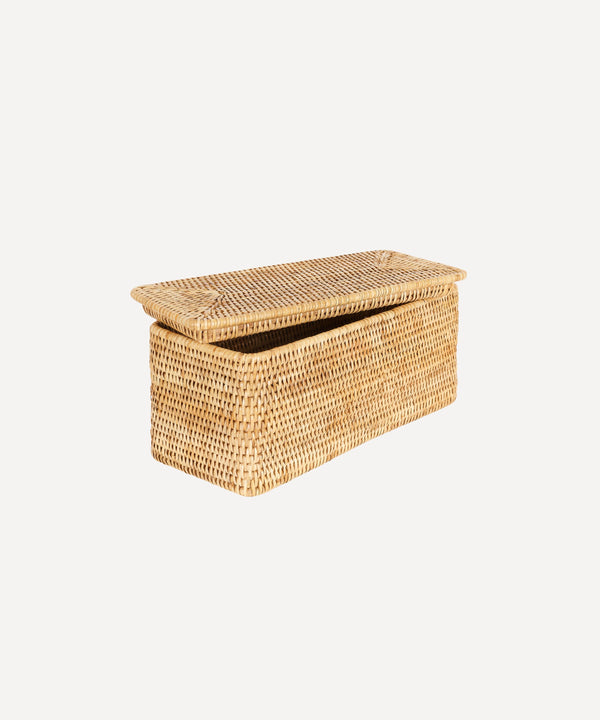 Rebecca Udall Luxury Rattan wicker storage boxes trays draws organisation with lid. Natural
