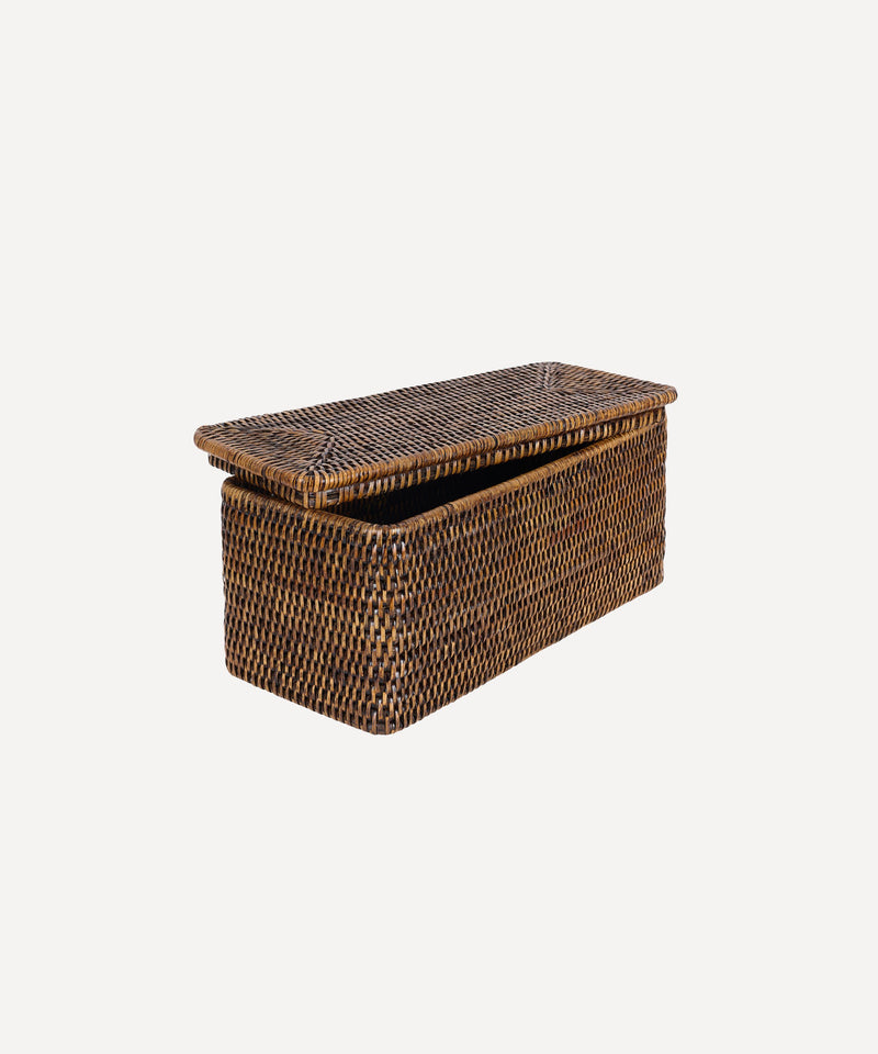 Rebecca Udall Luxury Rattan wicker storage boxes trays draws organisation with lid. Dark Brown