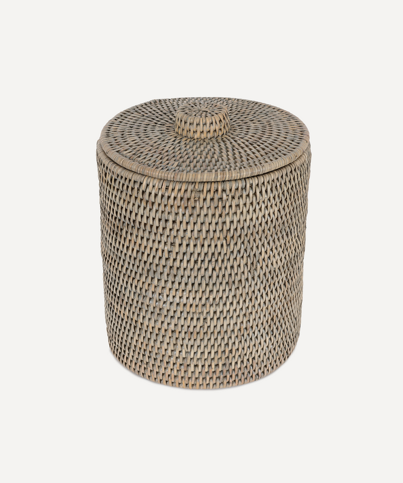 Rebecca Udall Rattan Bathroom Bins, Taupe, Ivory Background