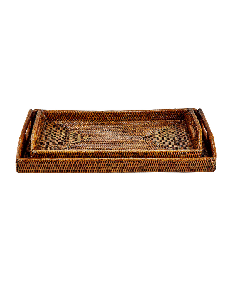 Rebecca Udall, Luxury Classic Handwoven Rattan Wicker Trays, Brown Medium and Large