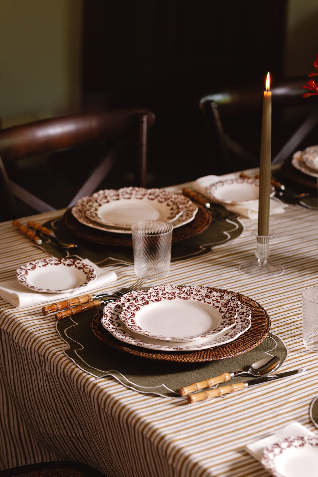 Rebecca Udall Set of 6 35cm Danish Taper Candles, Olive Green with Rattan Chargers