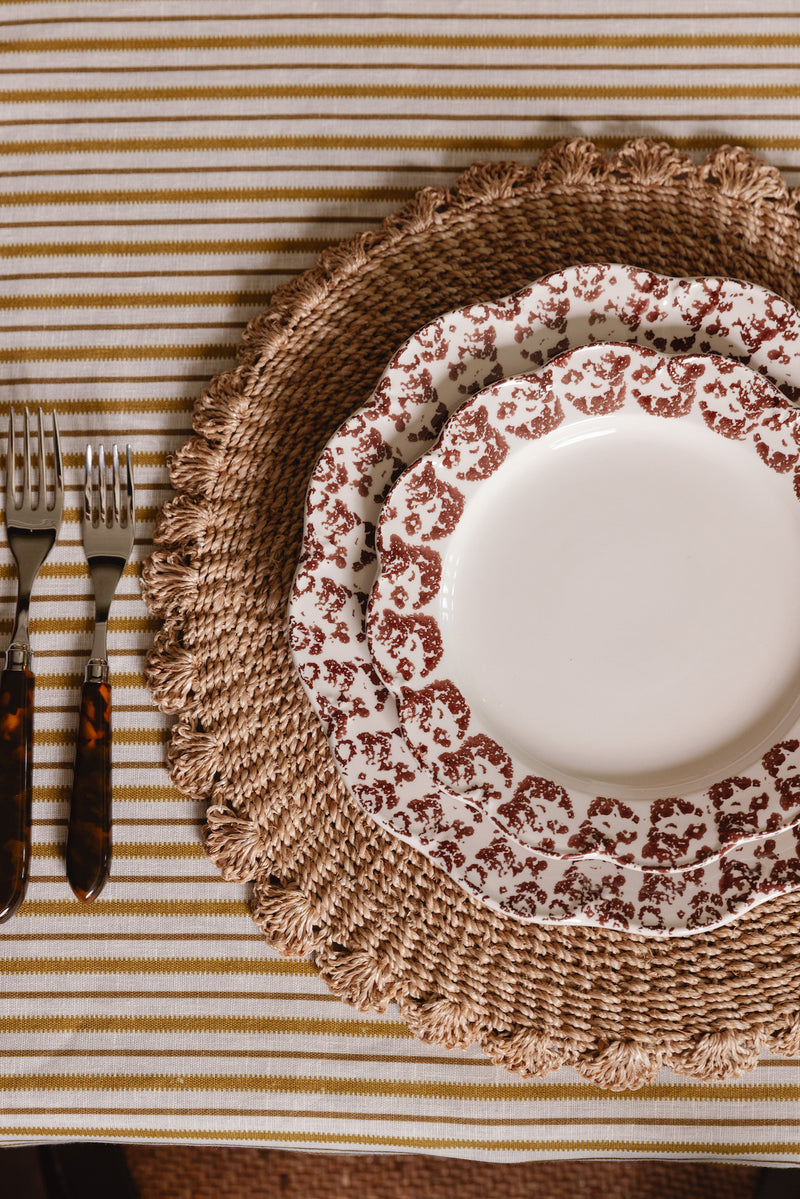 Rebecca Udall Luxury scalloped crockery plates, brown sponged boarder, autumn winter fall cosy dinner