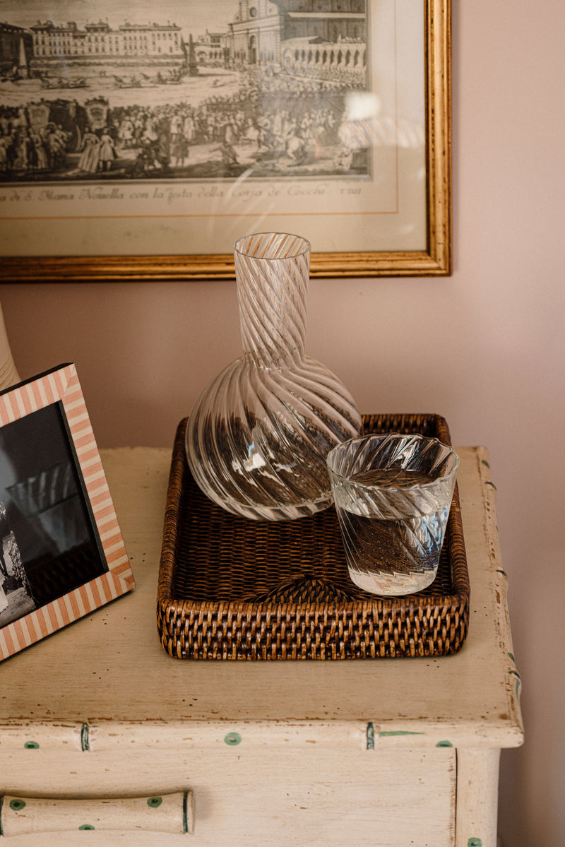 Rebecca Udall, Pair of Classic Whimsical Rippled Borosilicate Glass Tumblers & Carafe Side Table Scene