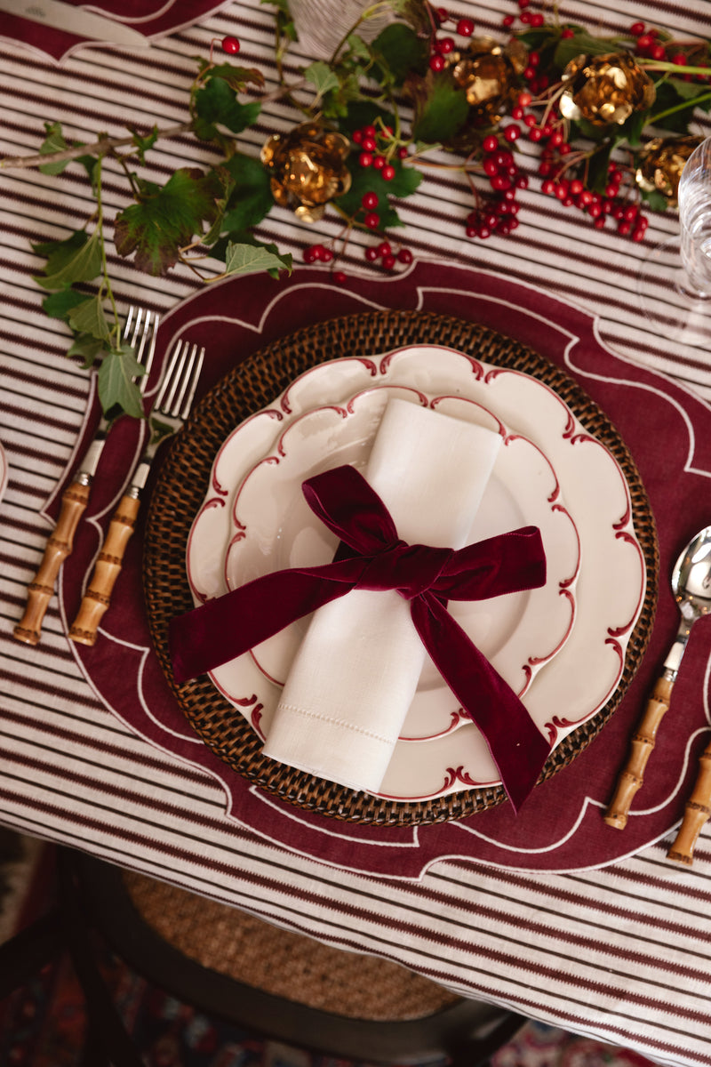 Victoria Striped Linen Tablecloth, Burgundy/Chocolate