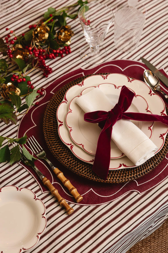 Set of 4 Olivia Scalloped Side Plates, Raspberry Filet, with Burgundy Placemat