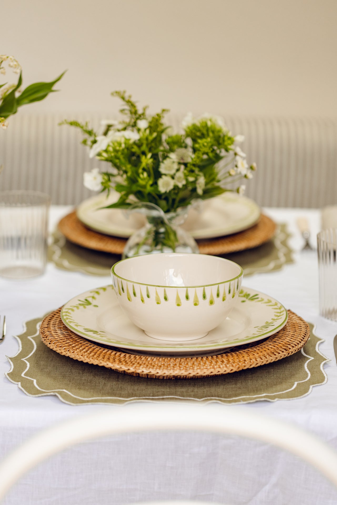 Rebecca Udall, Classic Elegant Elouise Cereal Bowl, Sage with the Stella Waxed Placemat