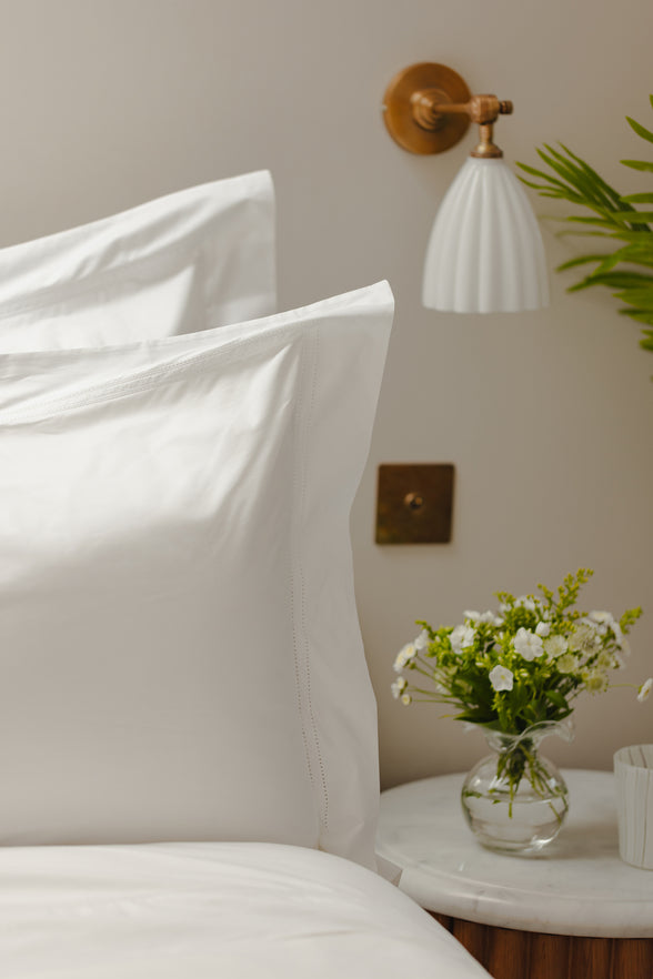 Rebecca Udall Bespoke Bella Double Hemstitch Bed Linen with the Elizabeth Vase
