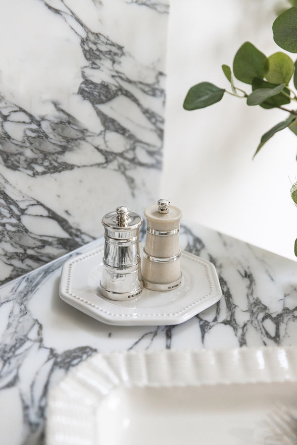 Rebecca Udall Silver Pepper Mill with the Octagon Ceramic Dish