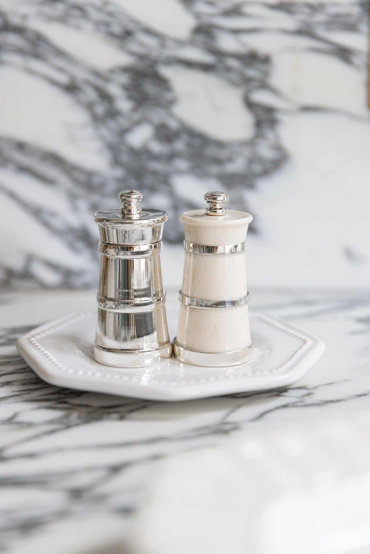 Rebecca Udall Luxury Silver and Ivorine Salt and Pepper Grinder Mill Set, Counter Scene