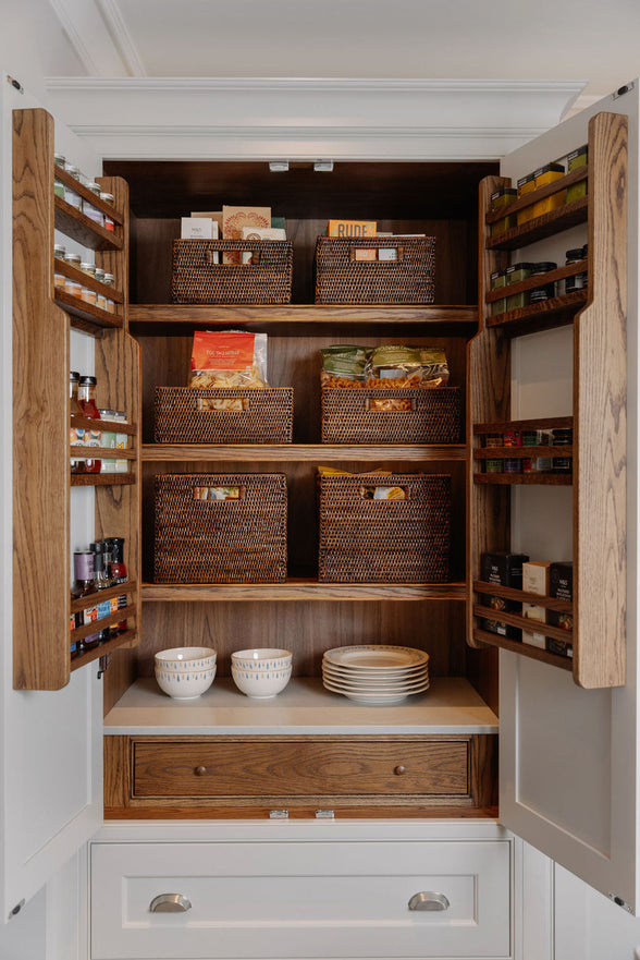 Rebecca Udall, Luxury Rattan wicker pantry storage boxes trays draws organisation. Dark Brown