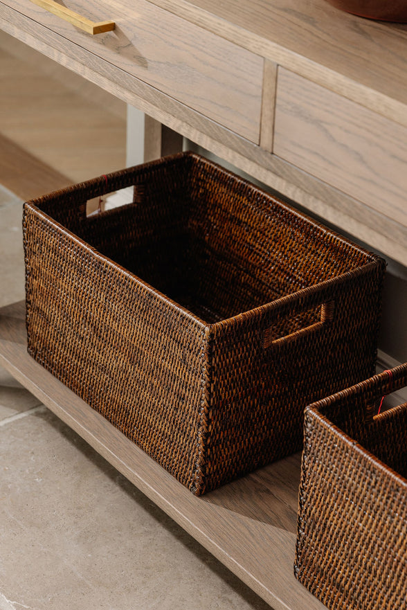 Rattan Tall Rectangular Storage Basket, Medium, Brown, Shelf Styling