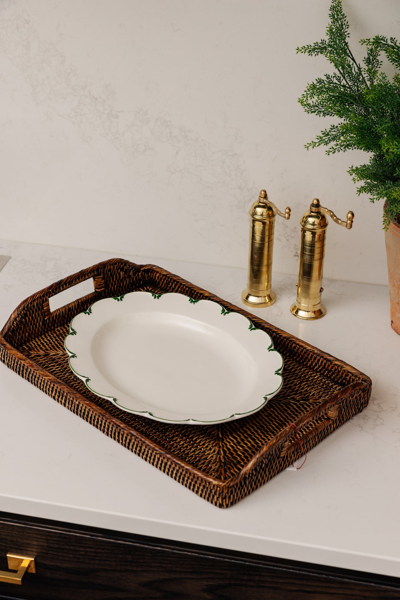 Rebecca Udall, Luxury Classic Handwoven Rattan Wicker Tray with the Brass Salt and Pepper Mill Set