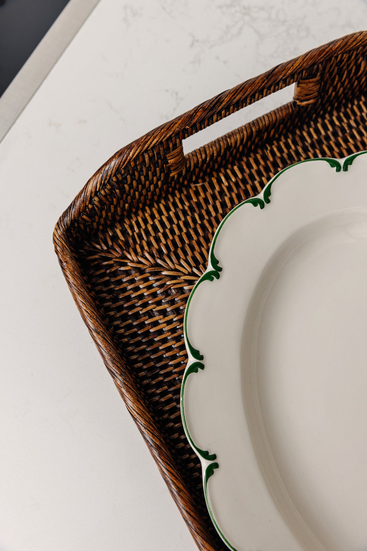 Rebecca Udall, Luxury Classic Handwoven Rattan Wicker Tray with the Olivia Scalloped Dinner Plate