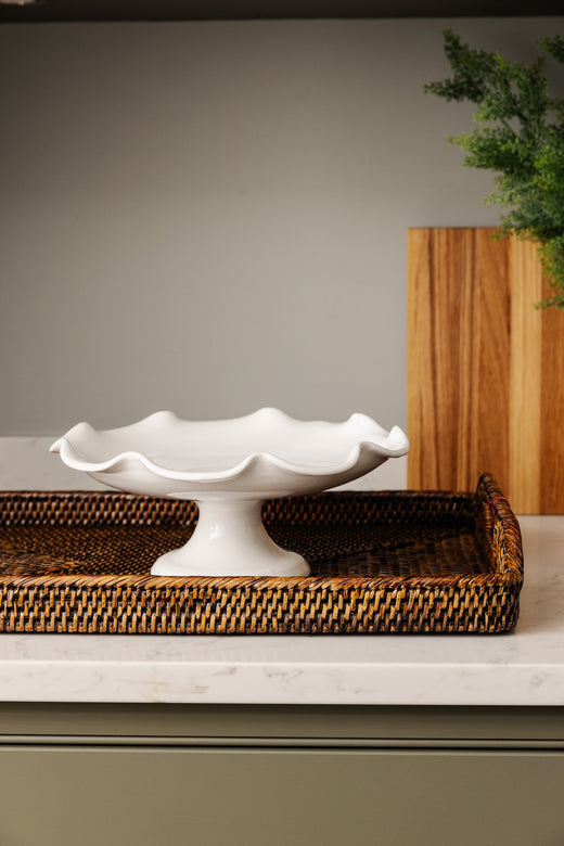 Rebecca Udall Claudia Wavy Footed Bowl, White with the Rattan Serving Tray, Brown