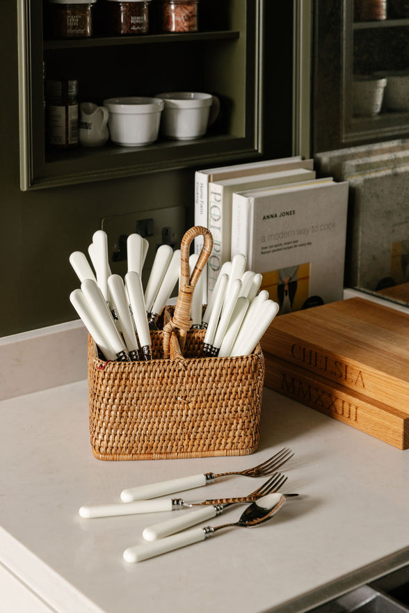 Rebecca Udall Rattan Cutlery and Condiment Carrier, Natural with Classic Cutlery