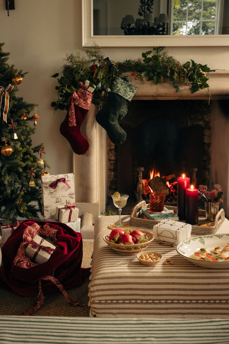 Rebecca Udall Marble Linen & Velvet Christmas Sack, Burgundy and Marble Linen & Velvet Christmas Stockings.