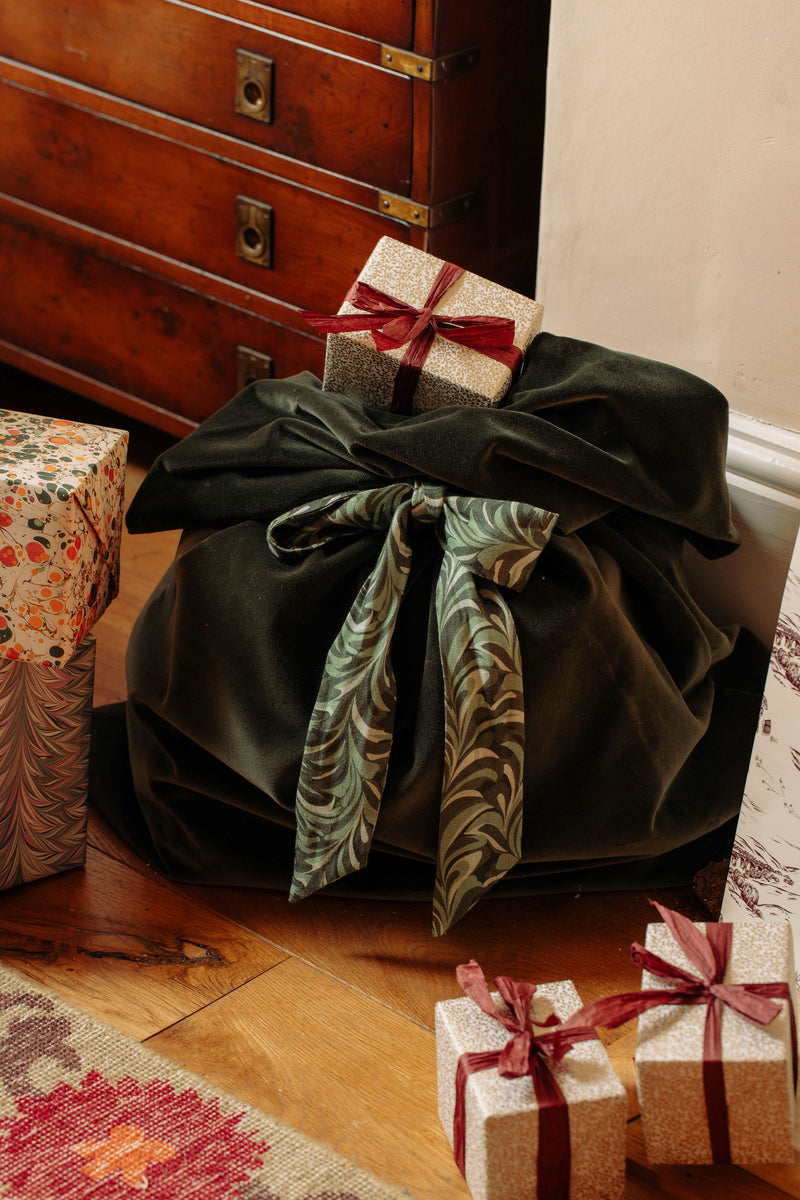 Rebecca Udall Marble Linen & Velvet Christmas Sack, Green, tied with a bow