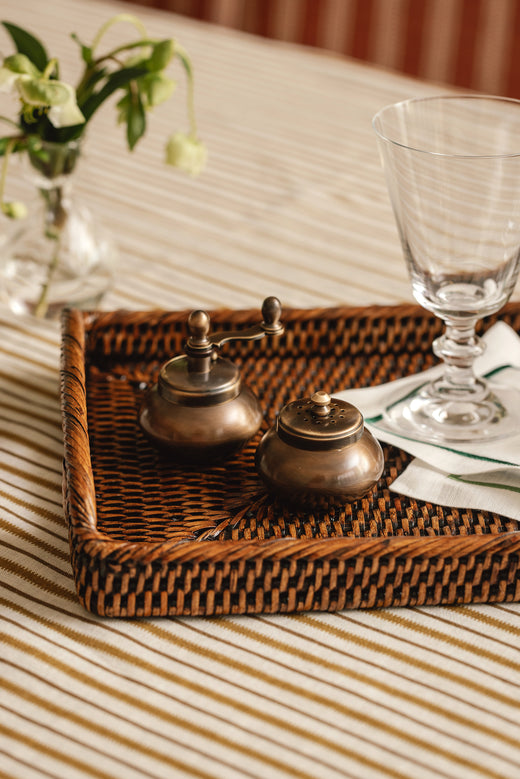 Rebecca Udall, Luxury Classic Handwoven Rattan Wicker Tray with the Viola Aged Salt and Pepper Mill Set