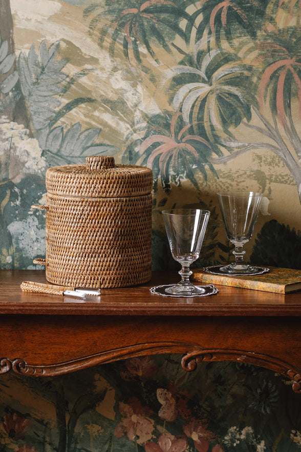 Rebecca Udall Rattan Ice Bucket with Tongs wit the Evelyn Wine Glasses
