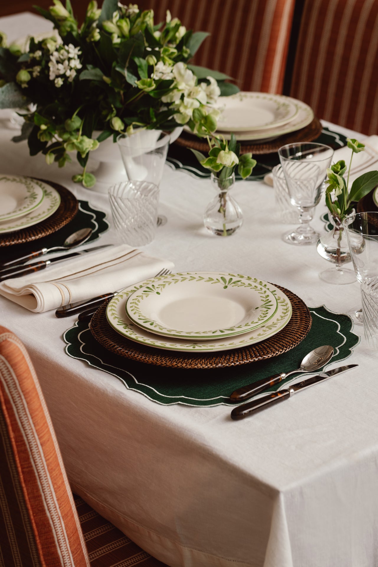 Rebecca Udall Classic Hemstitch Linen Tablecloth, White with Rattan Charger