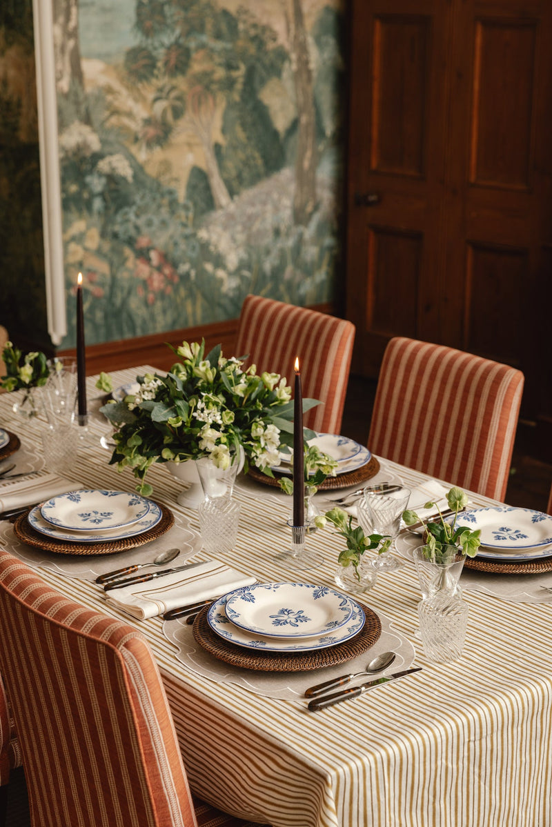 Rebecca Udall Victoria Striped Linen Tablecloth, Burnt Mustard, Lifestyle, with Eleanor Plates