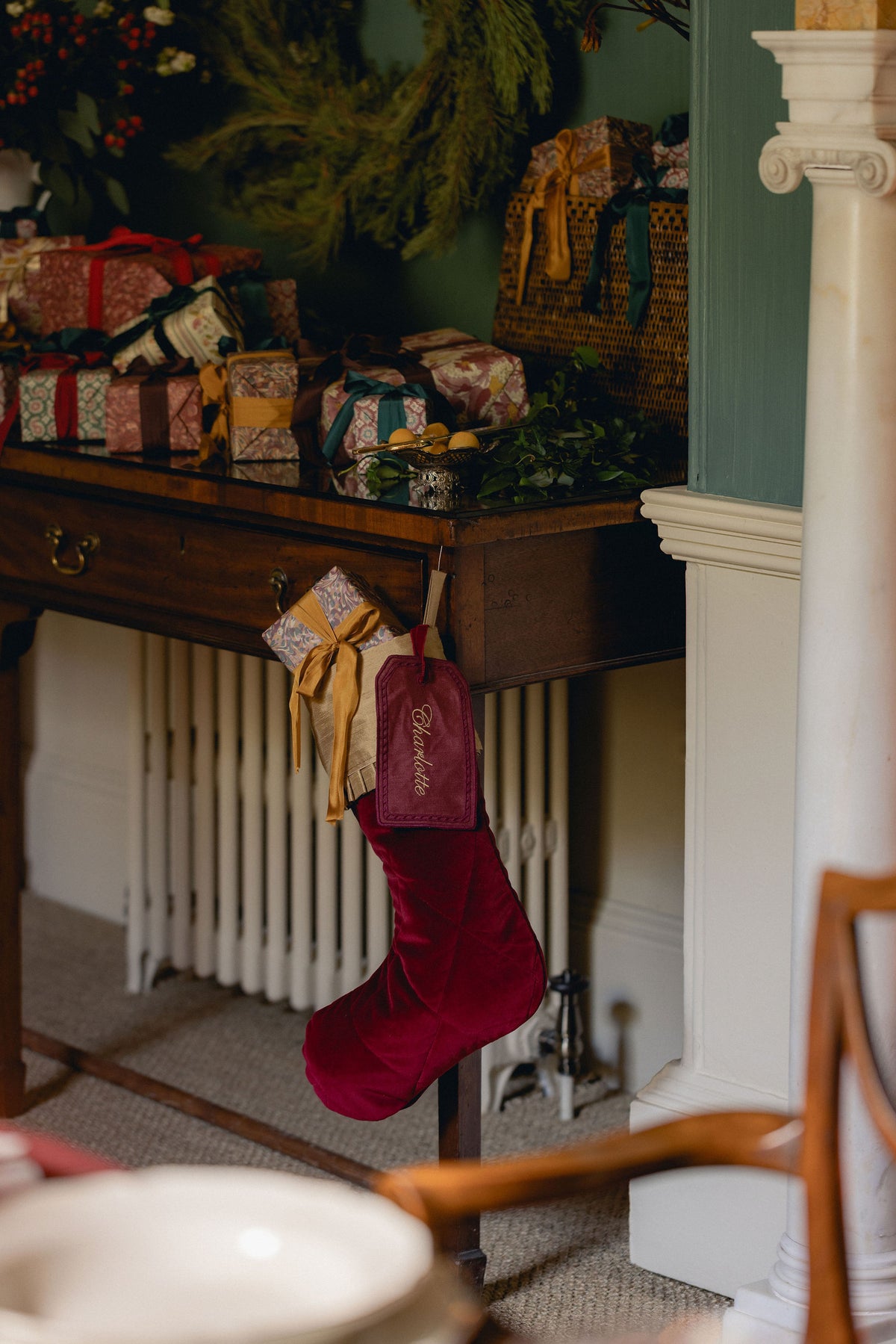 Quilted Velvet & Silk Christmas Stocking with Personalised Linen Gift Tag, Burgundy