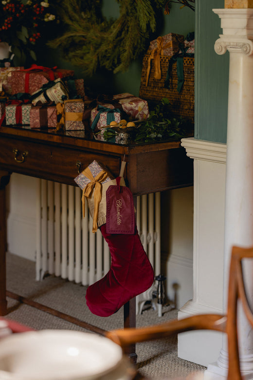Quilted Velvet & Silk Christmas Stocking with Personalised Linen Gift Tag, Burgundy