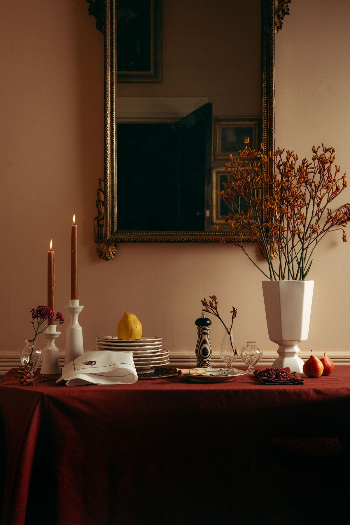 Classic Linen Tablecloth, Deep Marsala, with Harriet Vase