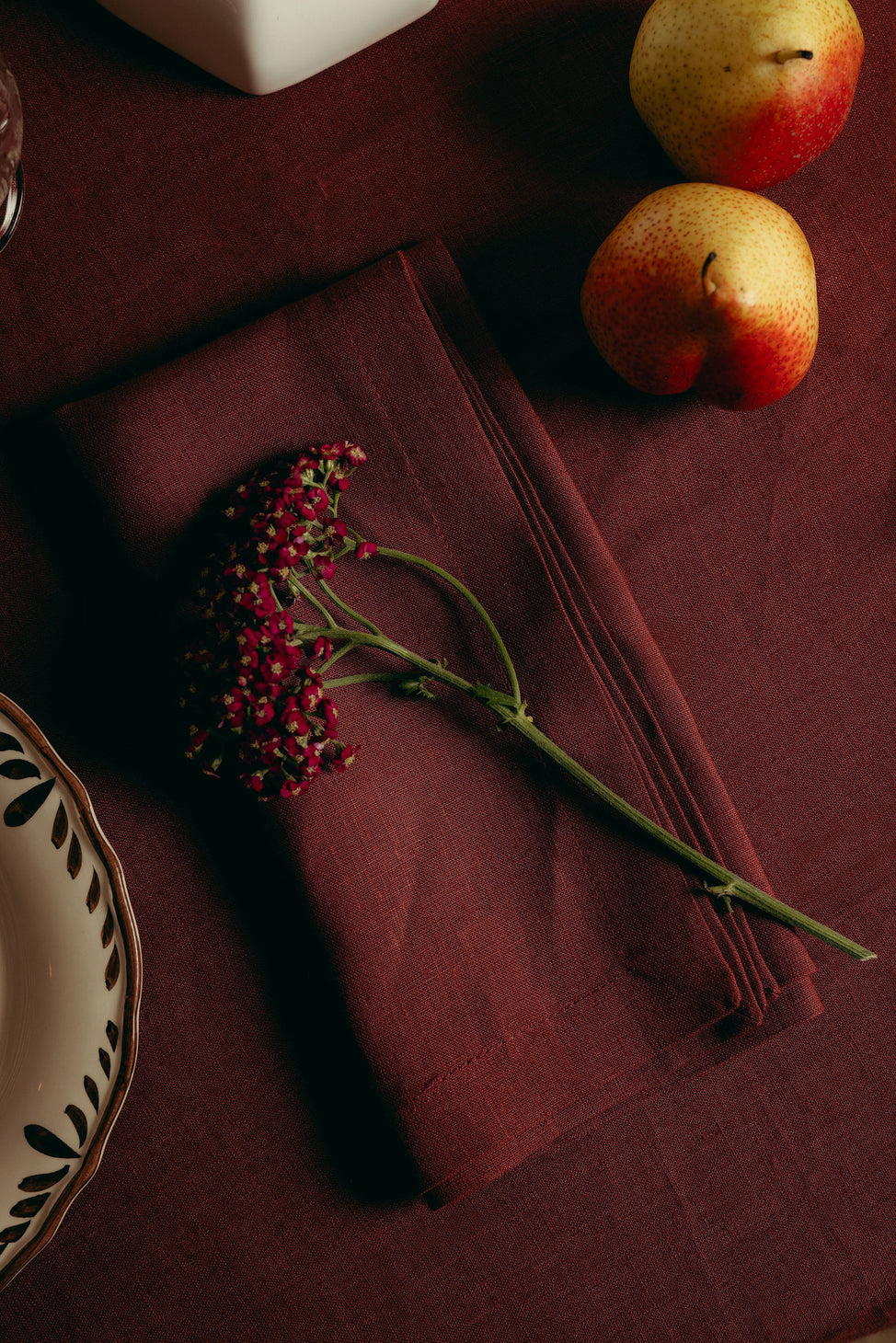 Classic Linen Table Linens, Deep Marsala, with Otillie Crockery