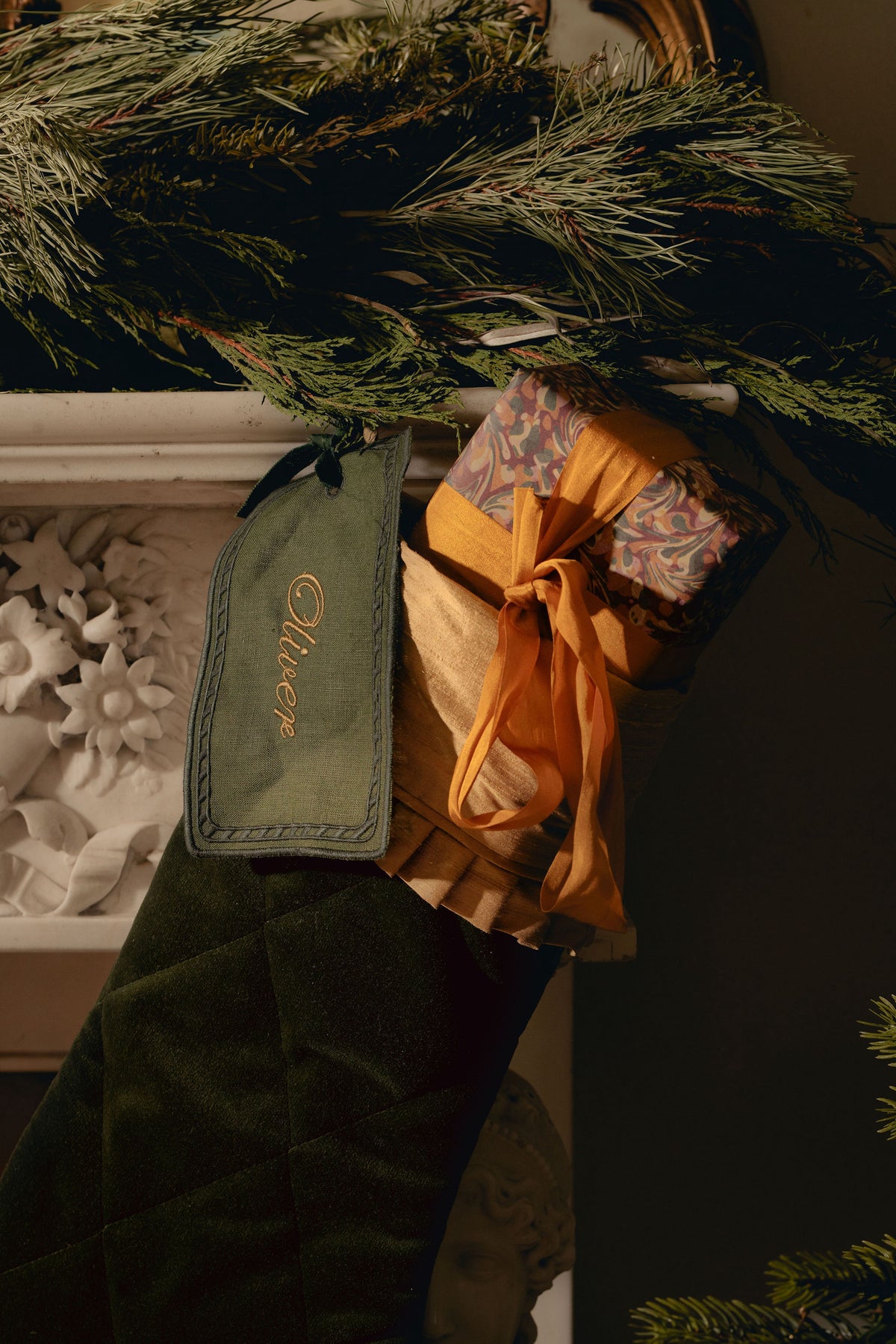 Quilted Velvet & Silk Christmas Stocking with Personalised Linen Gift Tag, Green