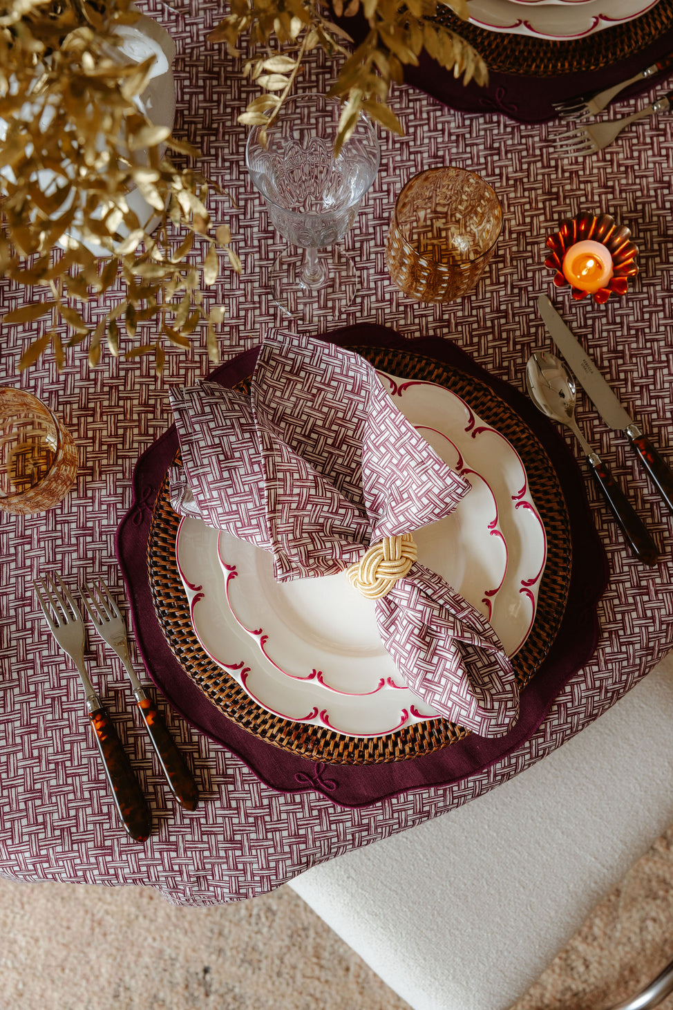 Celine Murano Tumbler, Amber, with Basketweave Tablecloth