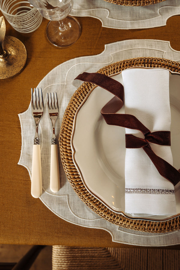 Rebecca Udall Georgiana Ladderstitch Linen Napkin, Chocolate, and Madeleine Dinner Plate, Gold Filet