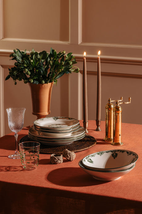 Classic Linen Table Linens, Terracotta Pink, with Eleanor Crockery