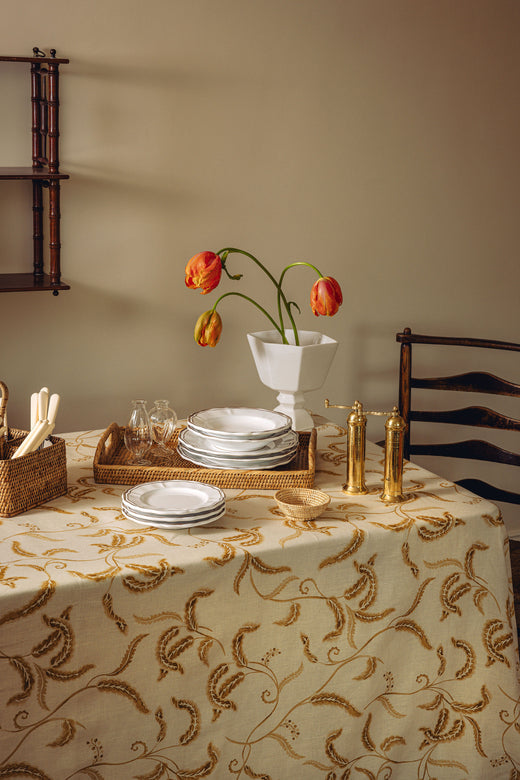 Prairie Rectangular Tablecloth, with Brass Salt & Pepper Mills