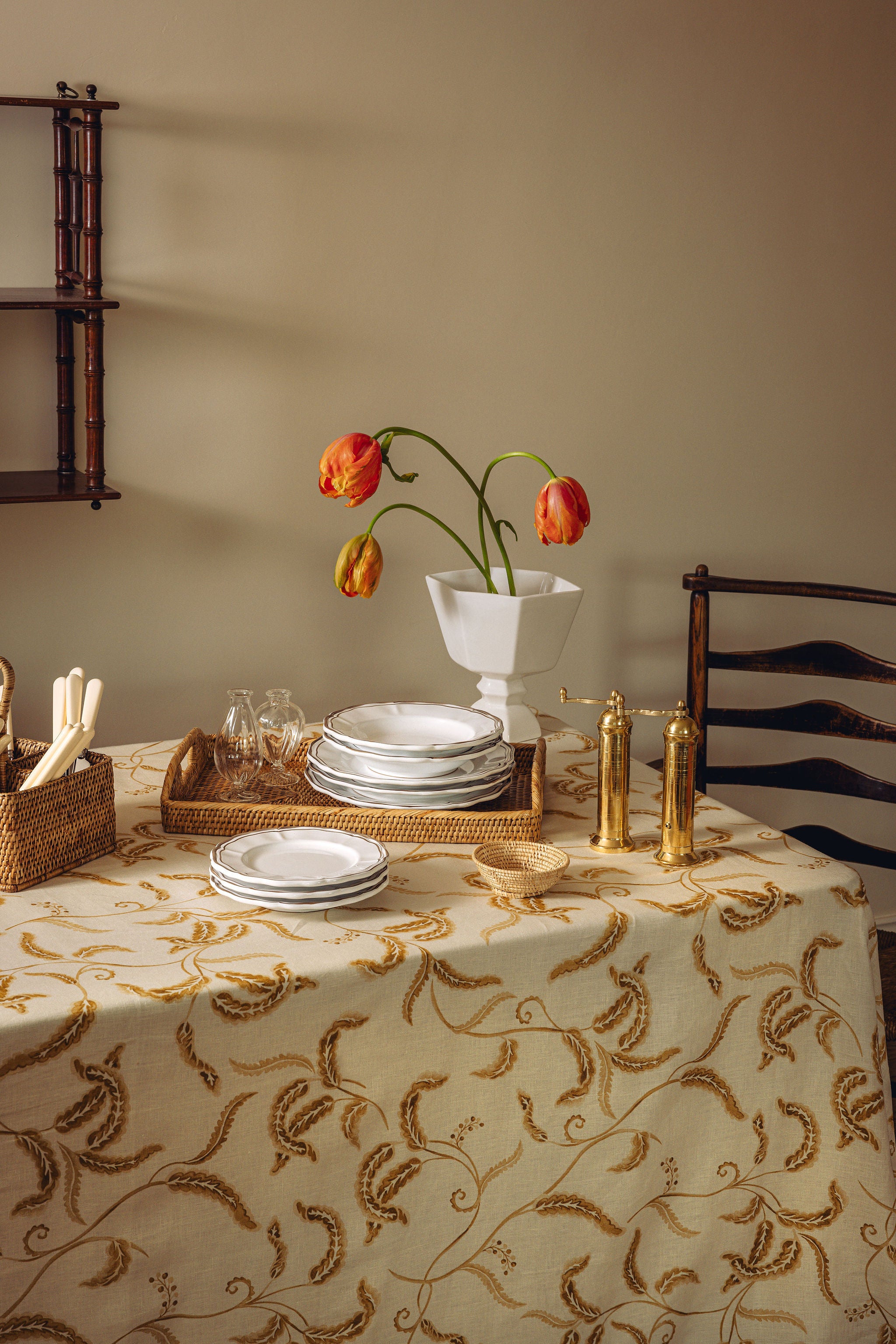 Prairie Rectangular Tablecloth, with Brass Salt & Pepper Mills