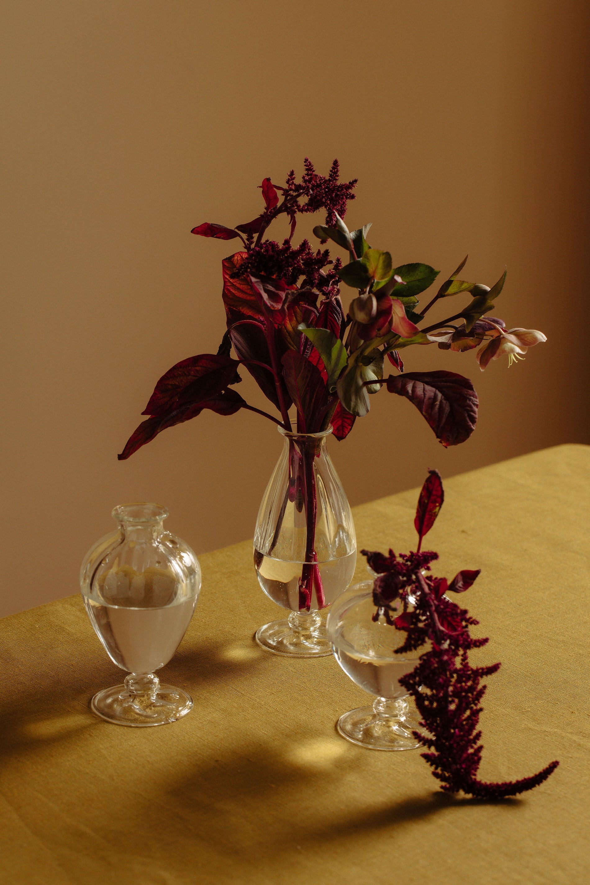 Violet Bud Vase Trio, with Tablecloth