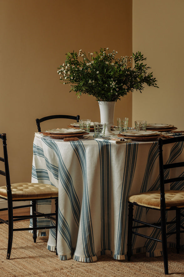 Colette Pleated Striped Linen Round Tablecloth, Harbour Blue