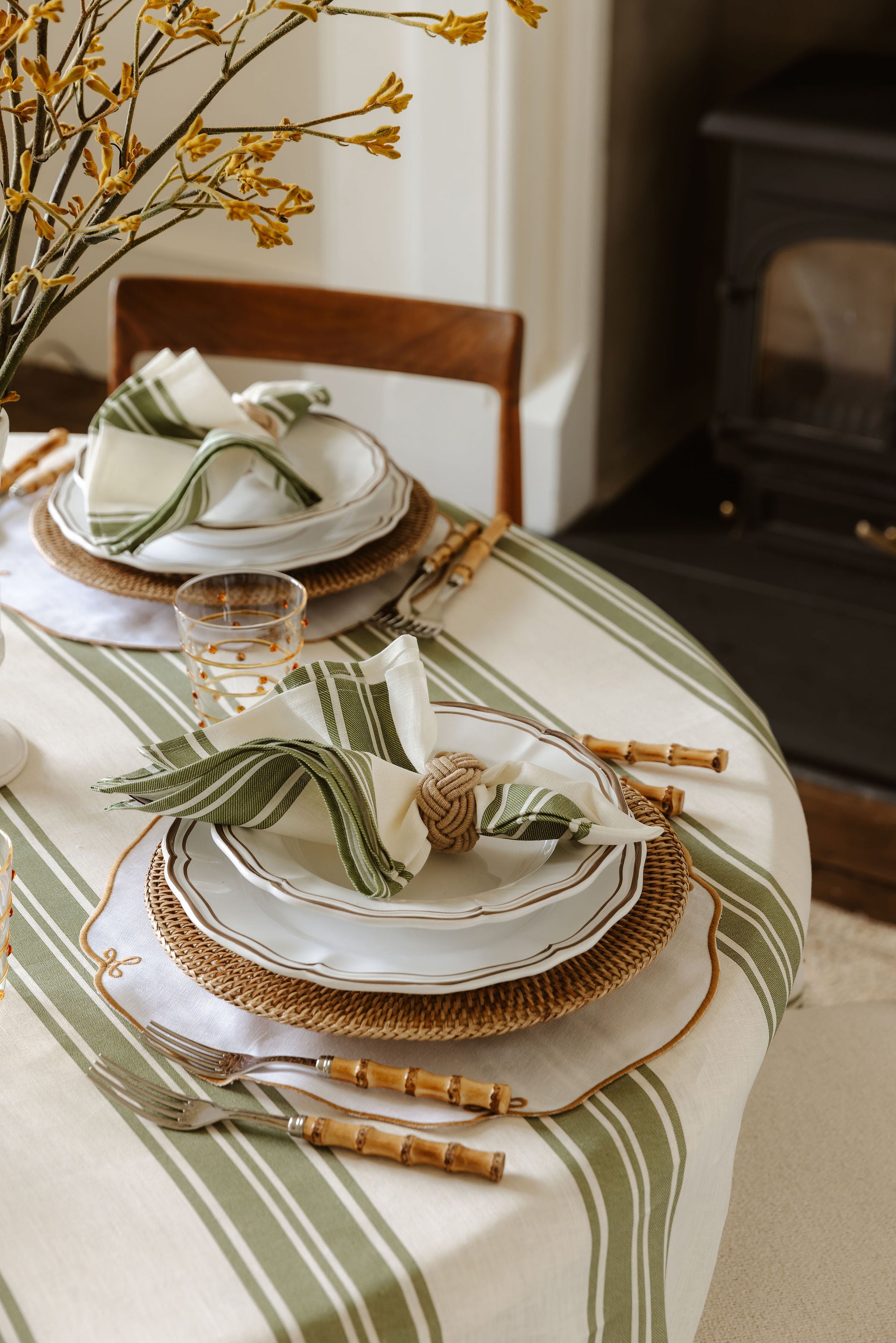 Colette Pleated Striped Linen Round Tablecloth, Olive Green