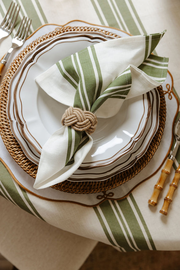 Colette Striped Linen Napkin, Olive Green, with Napkin Ring