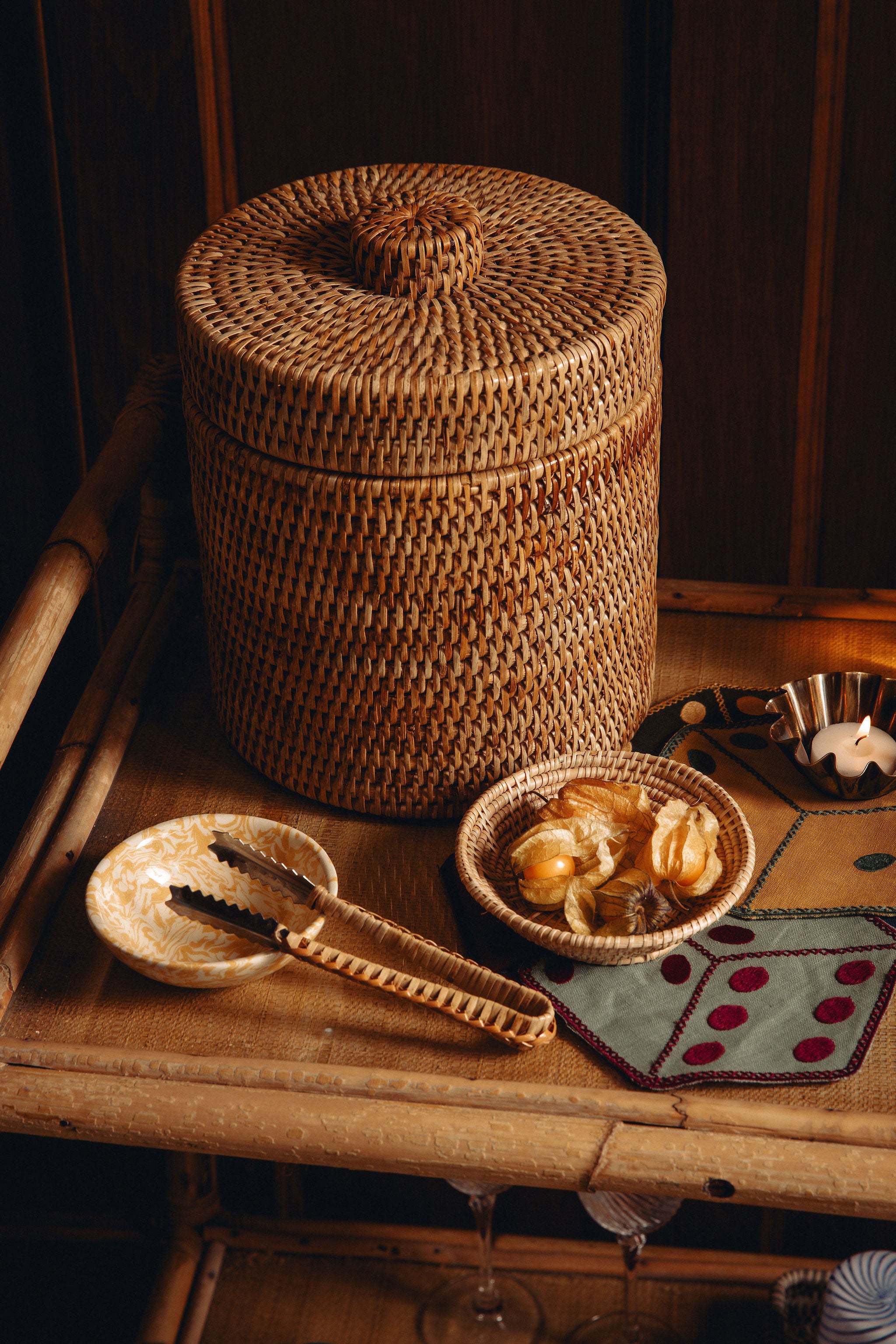 Rattan Ice Bucket with Tongs