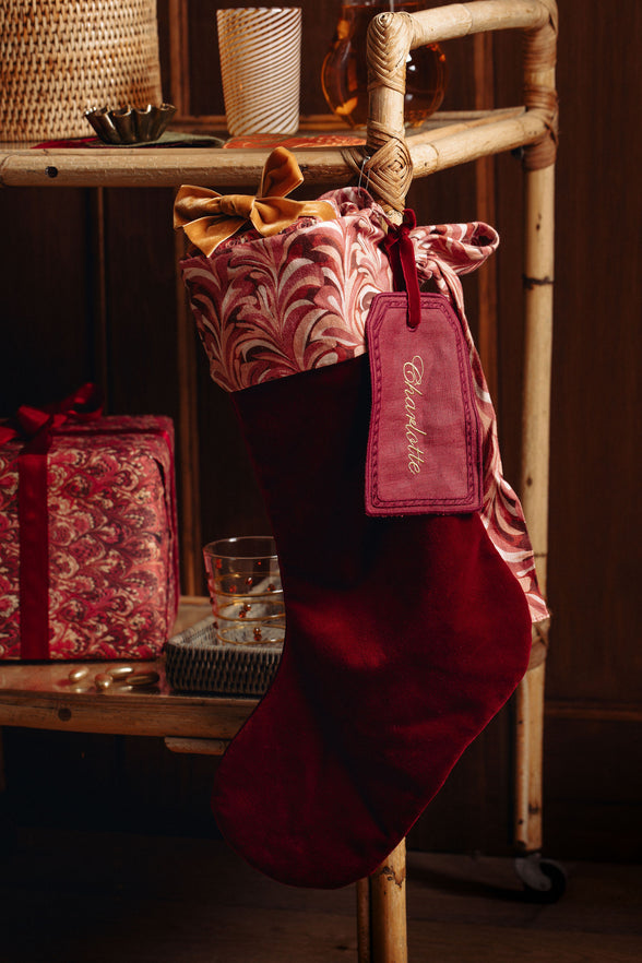 Quilted Velvet & Silk Christmas Stocking with Personalised Linen Gift Tag, Burgundy, Lifestyle
